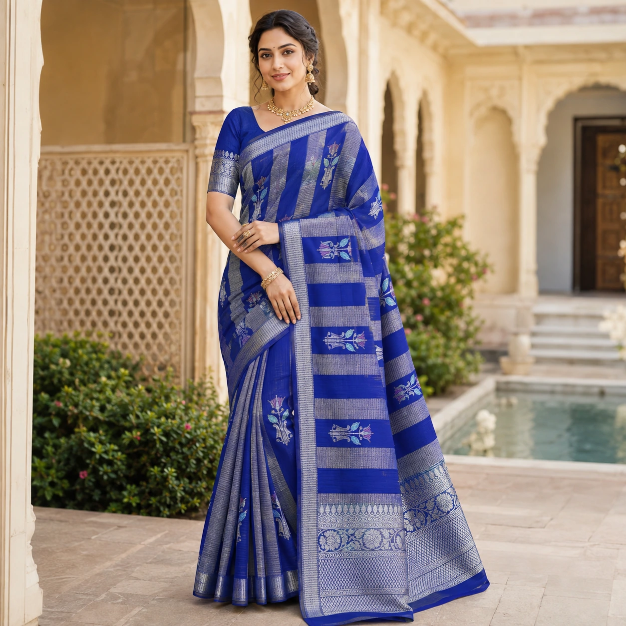 Royal Blue Silver Floral Zari Saree