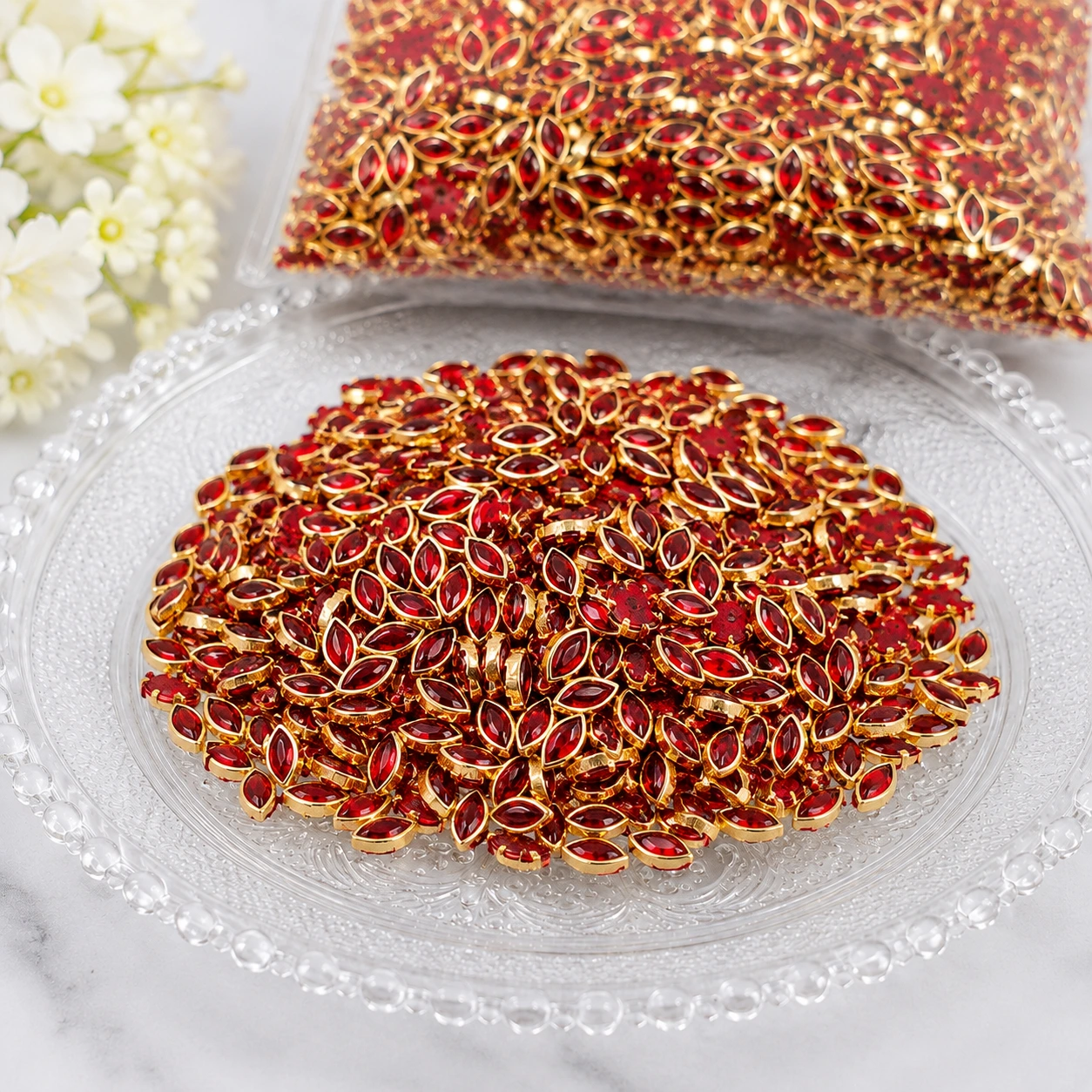 Glossy 8K Eye Shape Red Colour Kundans