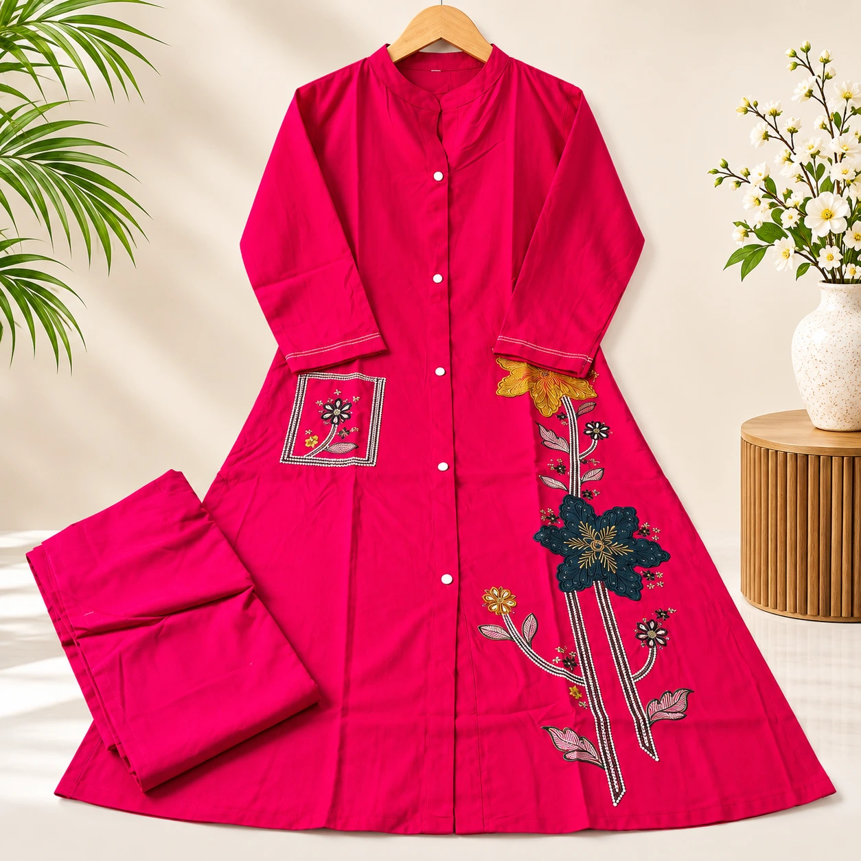 Rani Pink Floral Embroidered Kurti Set