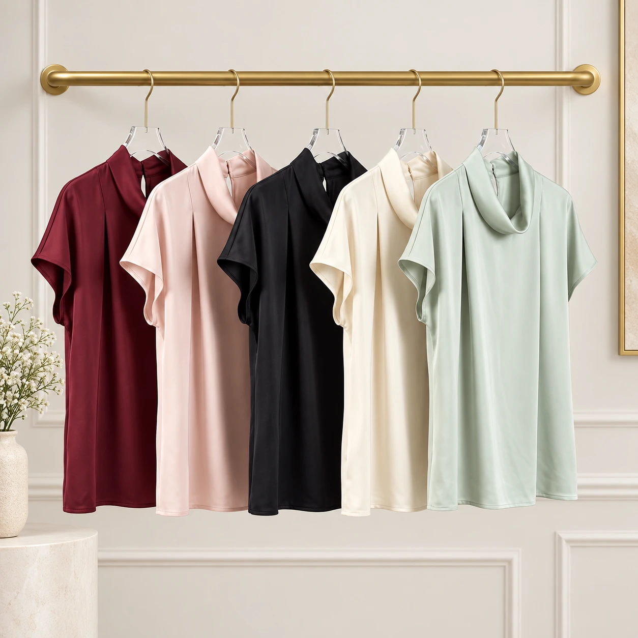 Silk Satin Collar Neck Short Sleeve Top