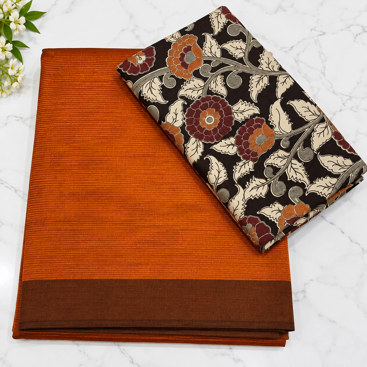 Rust Orange Silk Saree with Kalamkari Blouse