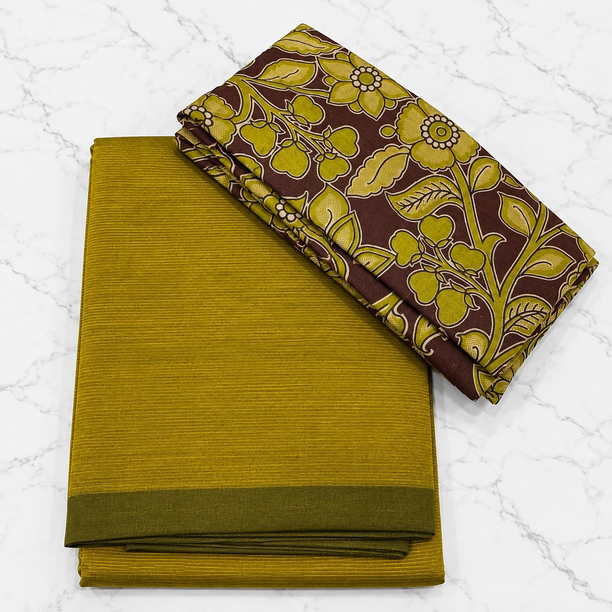 Olive Green Silk Saree with Kalamkari Blouse