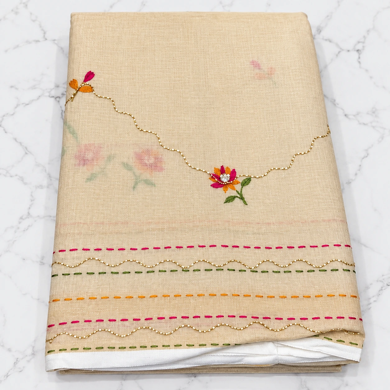 Cream Handwork Saree with Floral Embroidery