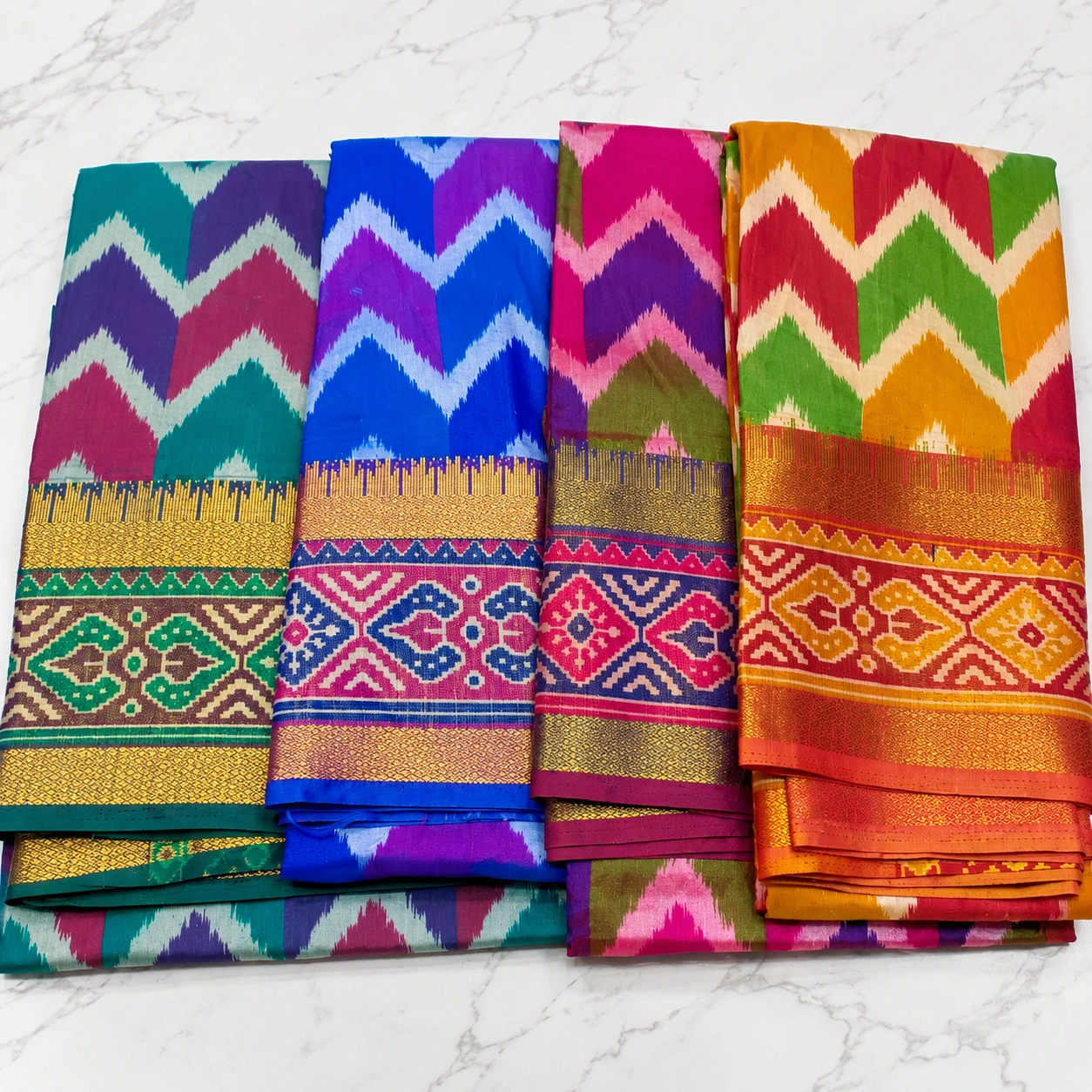 Multicolor Ikat Silk Sarees with Zari Border