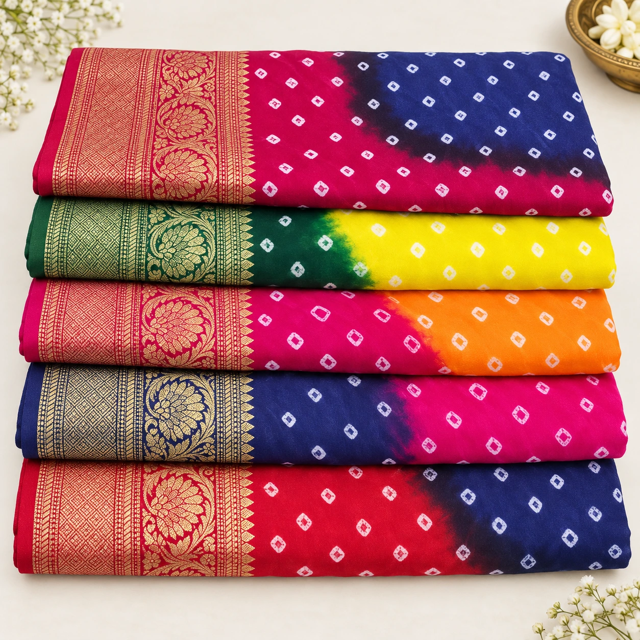 Multicolor Bandhani Silk Sarees with Golden Zari Border