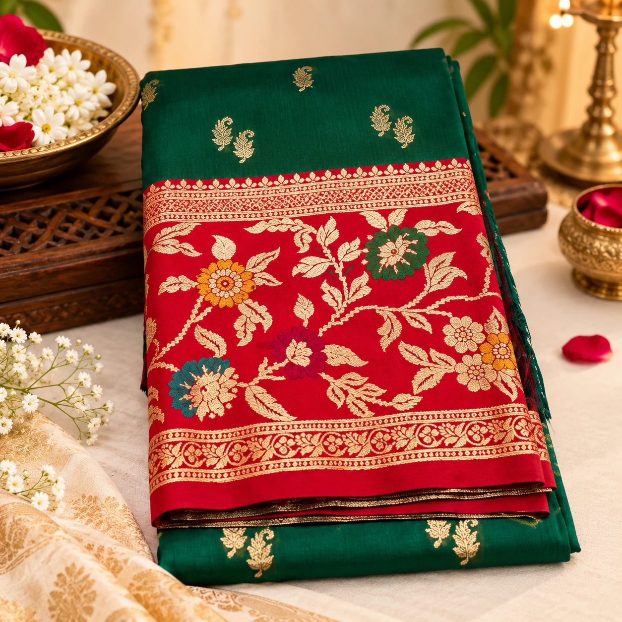 Bottle Green and Red Floral Border Silk Saree