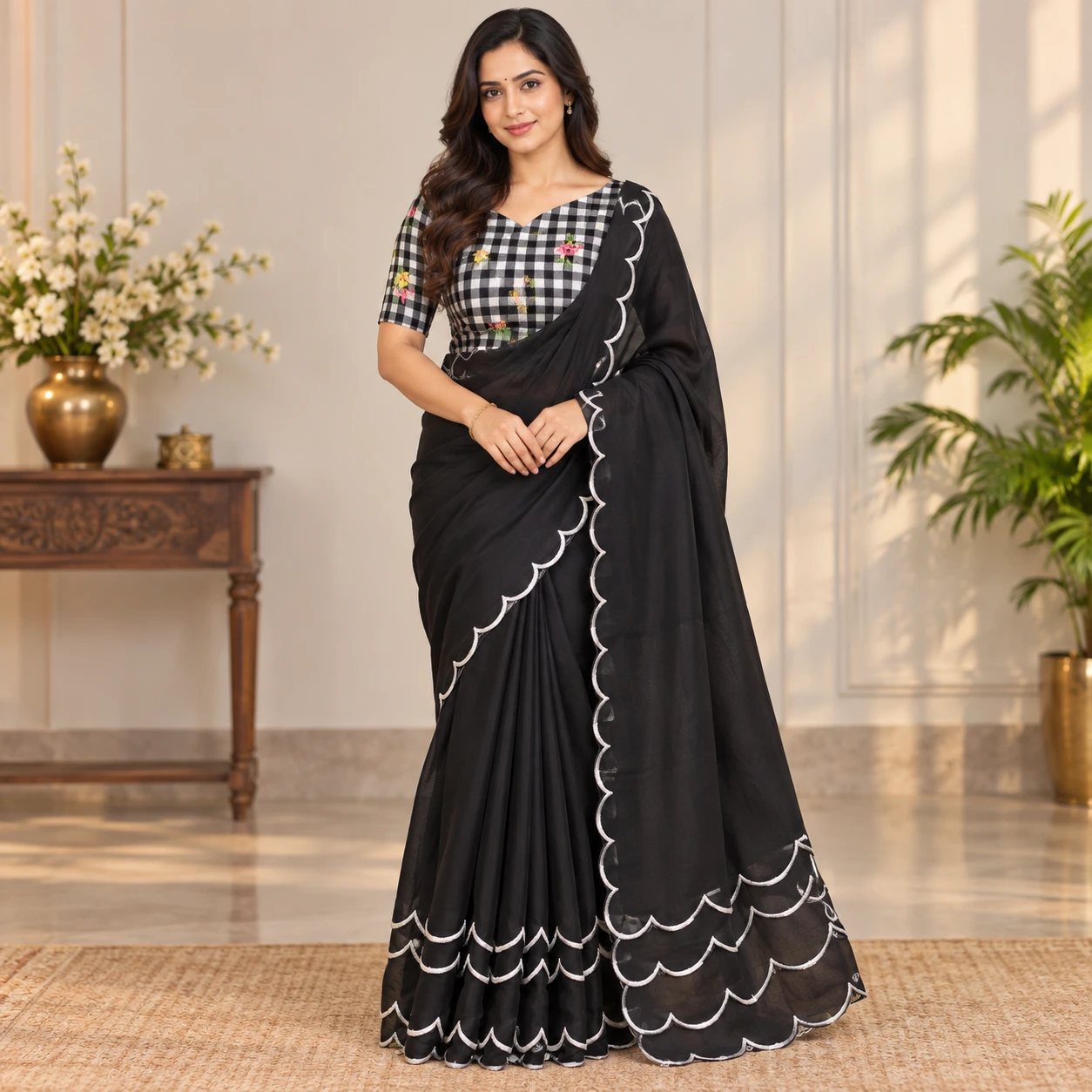Black Scallop Border Saree with Checkered Floral Blouse
