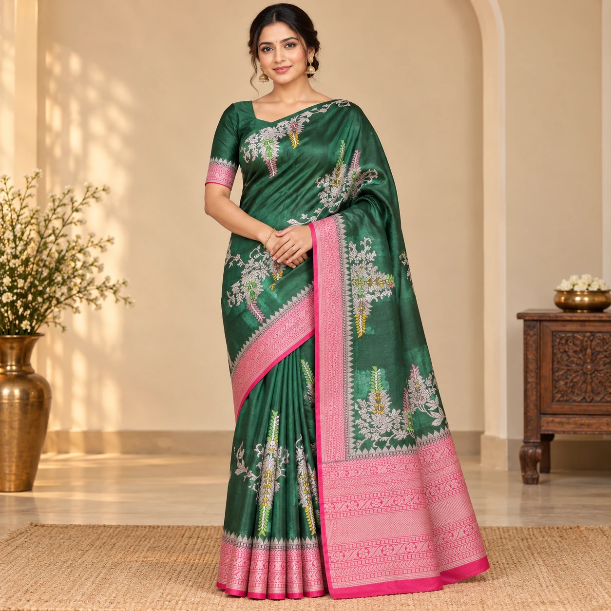 Emerald Green Floral Pink Border Silk Saree
