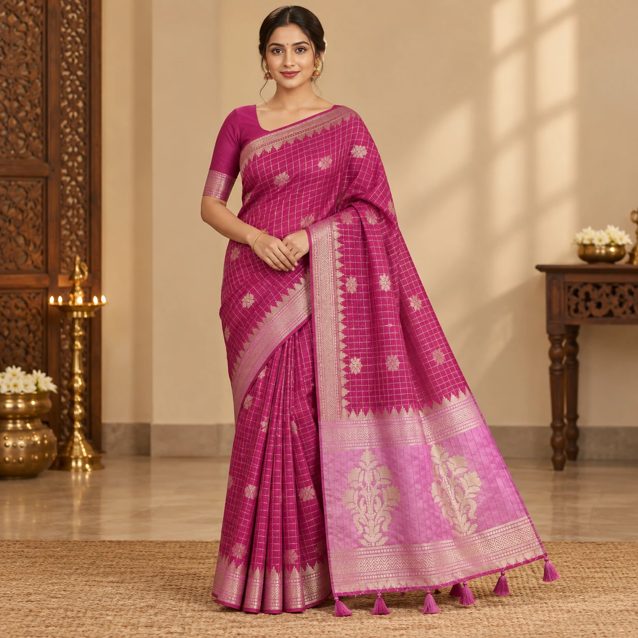 Rani Pink Gold Checked Zari Saree