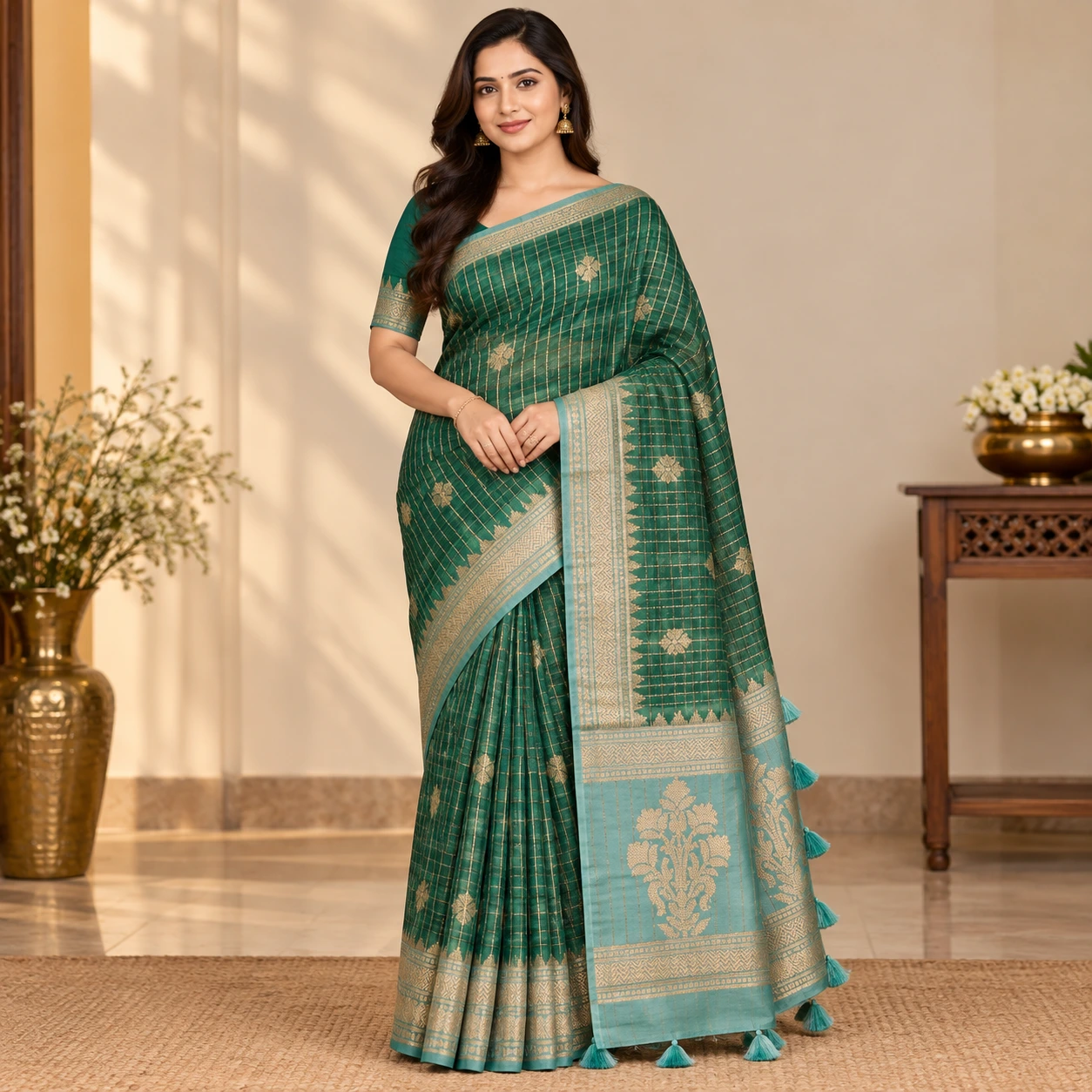 Emerald Green and Aqua Gold Checked Silk Saree