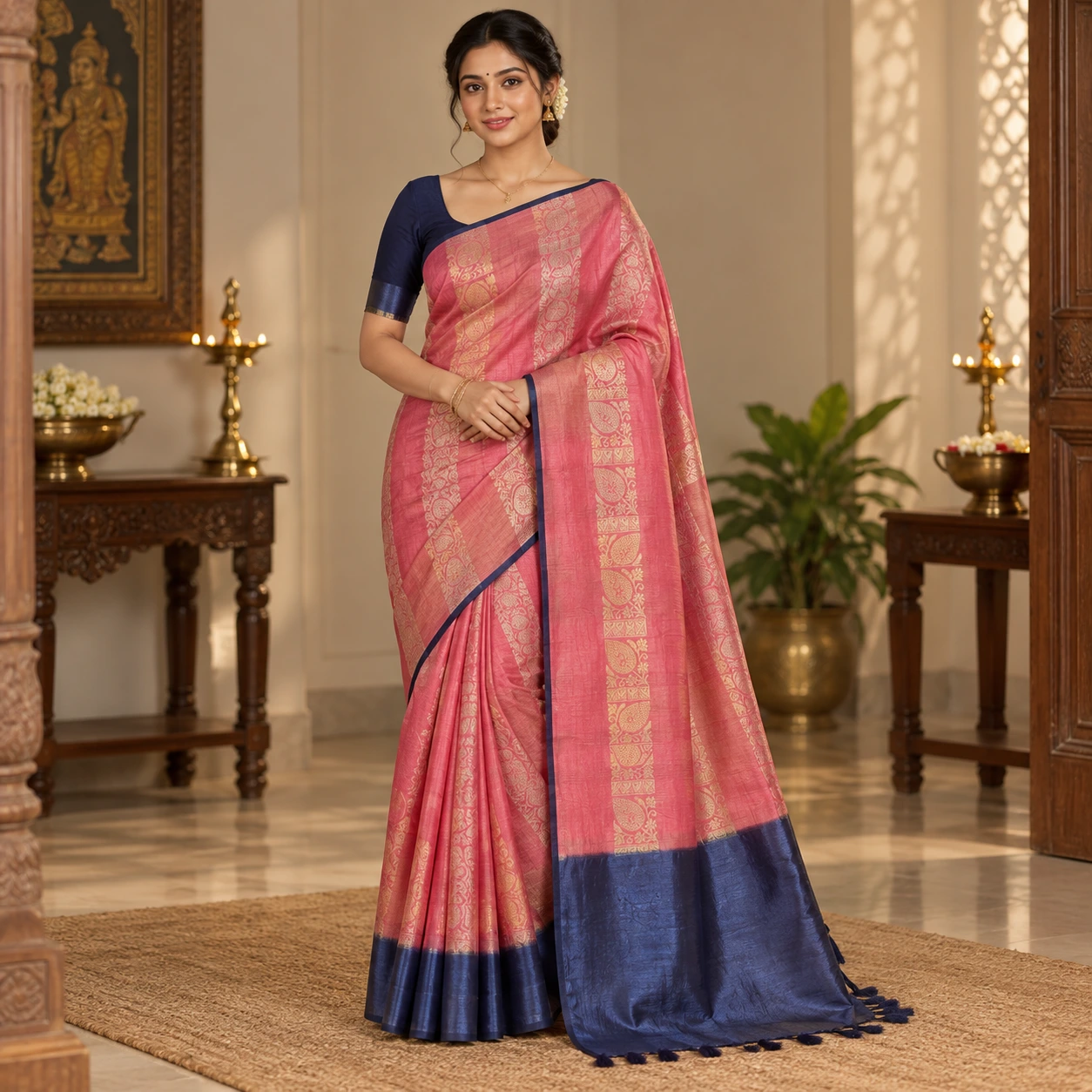 Rose Pink and Navy Blue Zari Paisley Saree