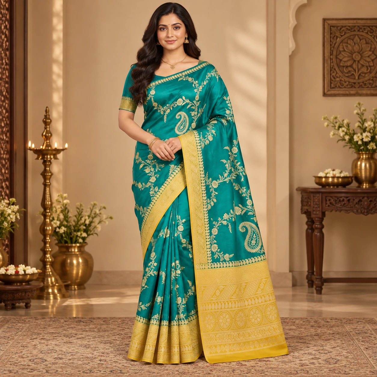 Emerald Teal Gold Paisley Silk Saree