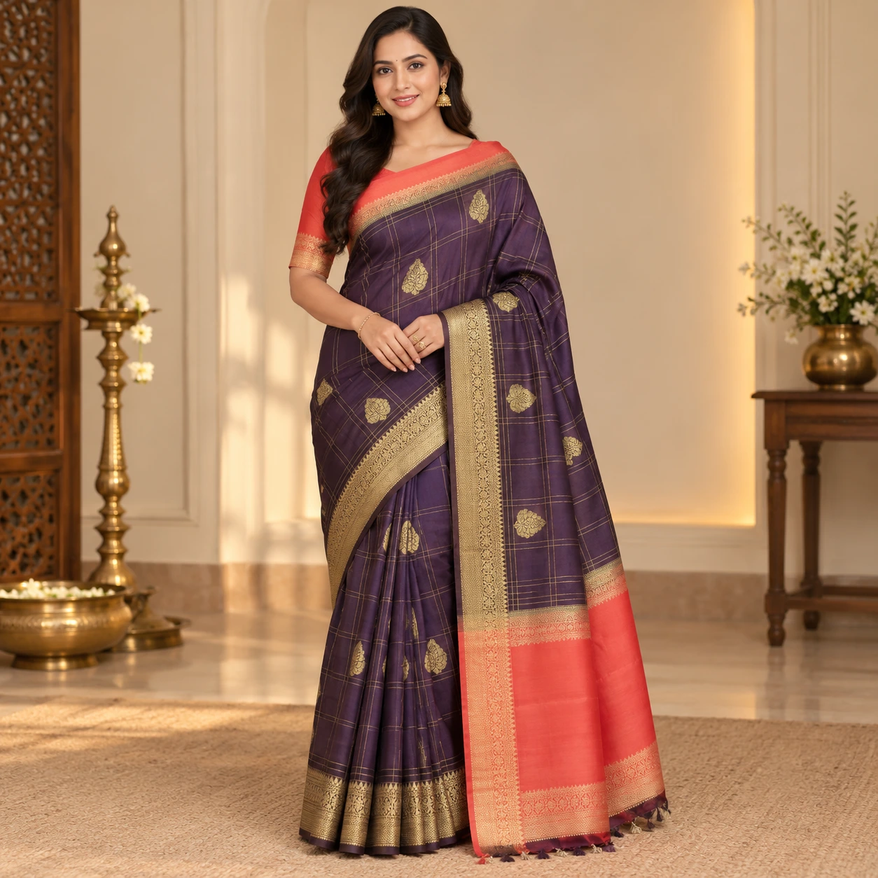 Royal Plum &amp;amp; Coral Gold Zari Checks Saree