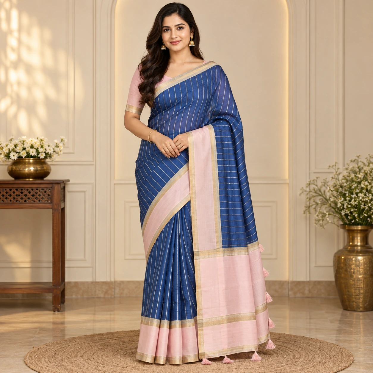 Royal Navy Blue and Blush Pink Striped Saree