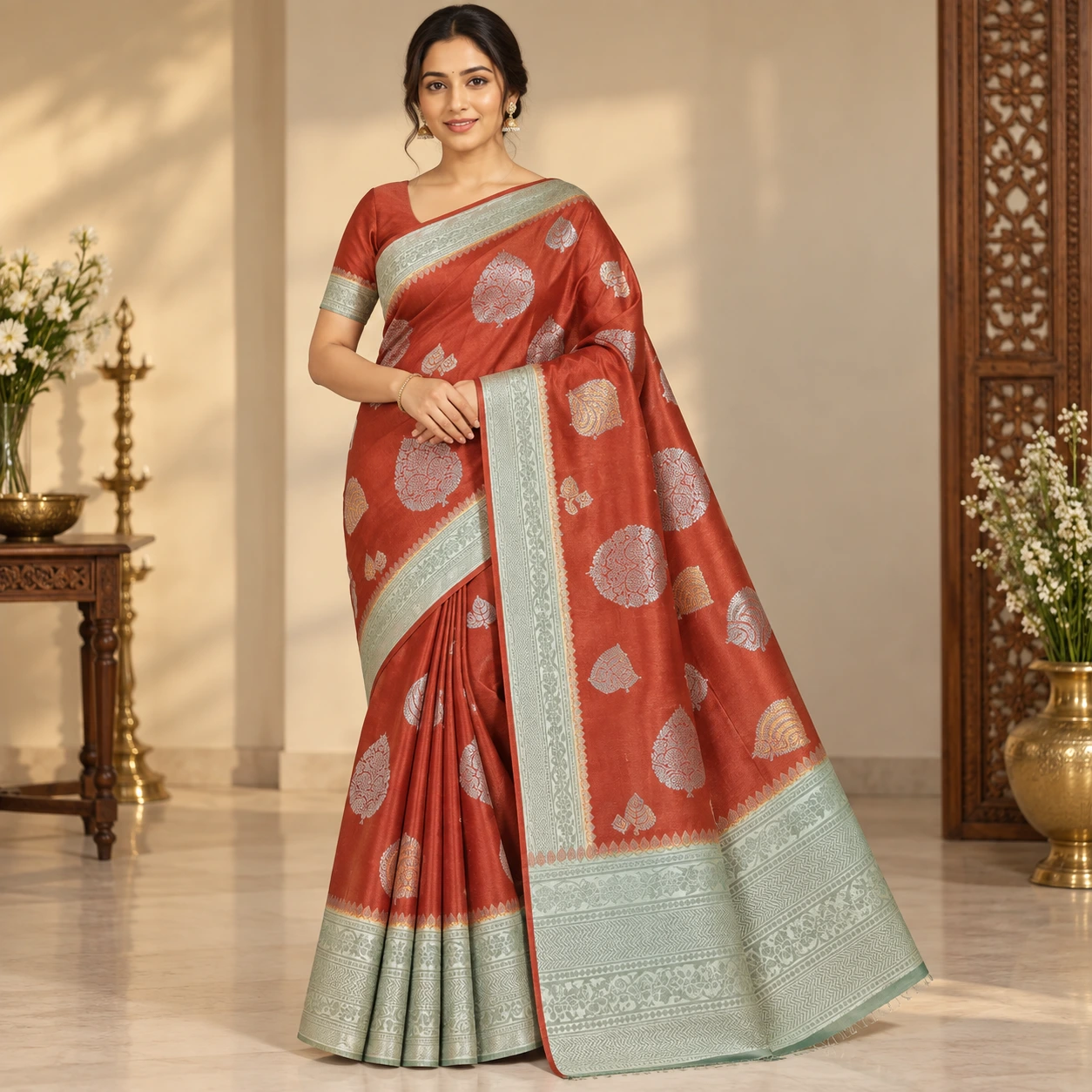 Rust Orange Silver Zari Silk Saree