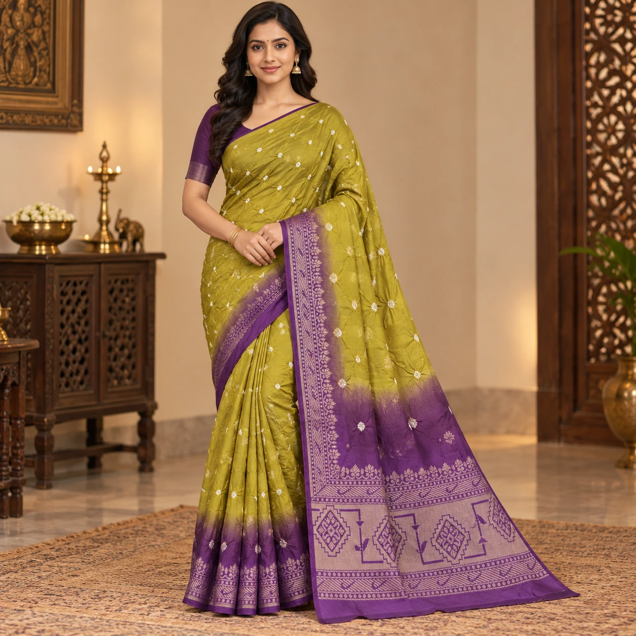 Olive Green and Purple Traditional Silk Saree