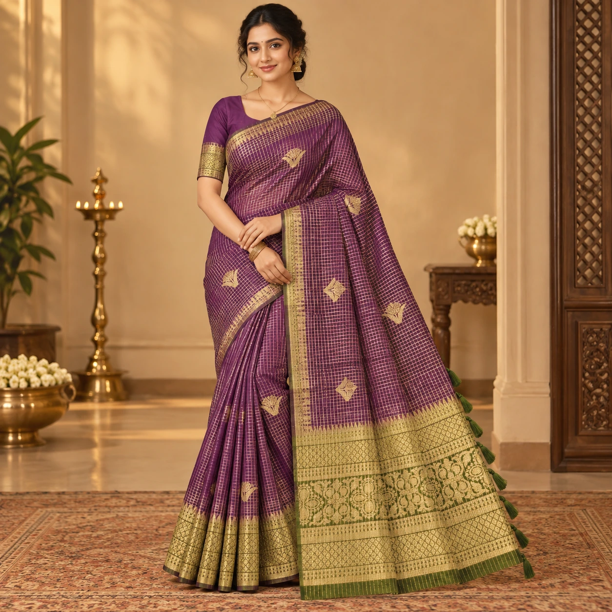 Royal Purple Green Zari Border Silk Saree