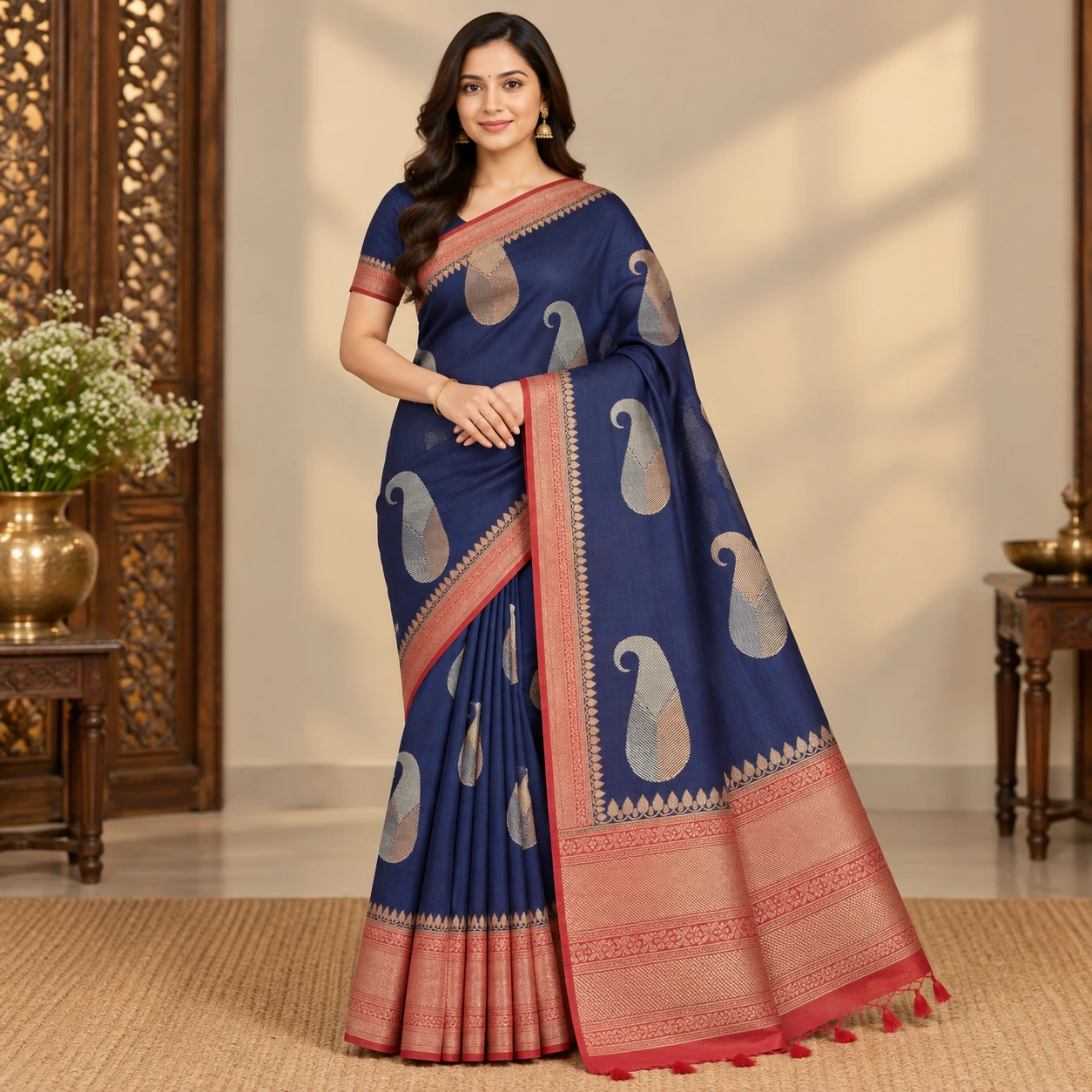 Navy Blue Paisley Zari Silk Saree