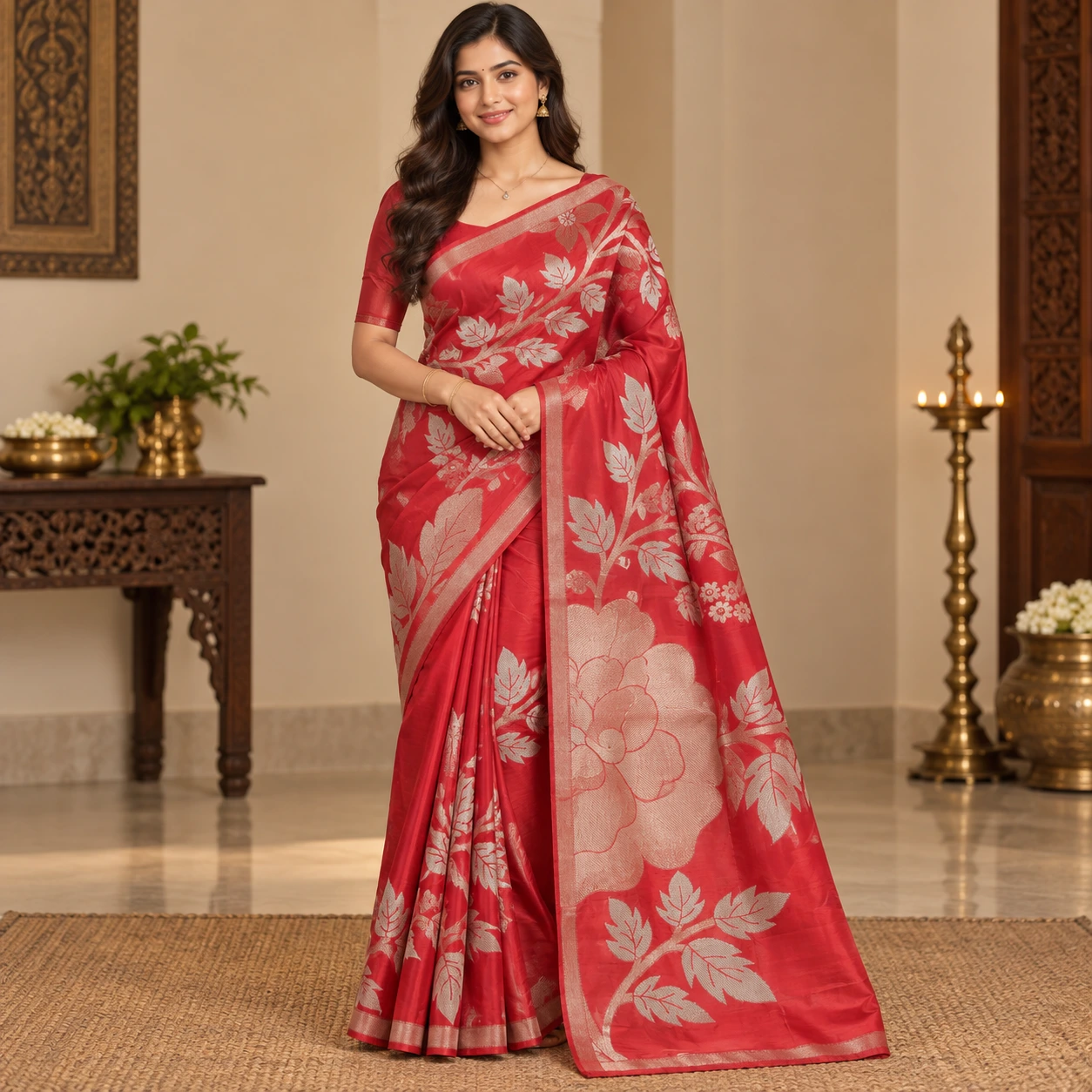 Crimson Red Floral Zari Silk Saree