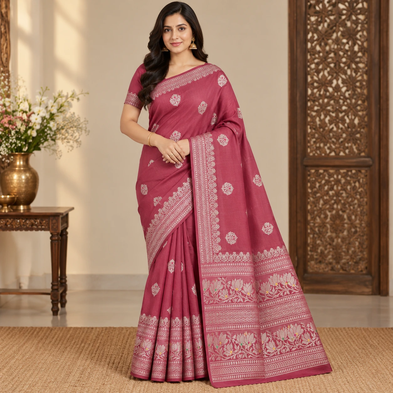 Rose Pink Lotus Border Silk Saree
