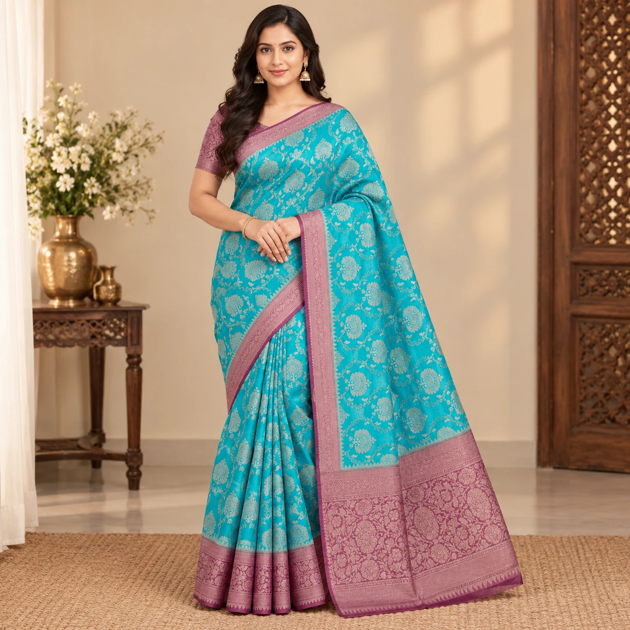 Turquoise Blue and Mauve Floral Silk Saree