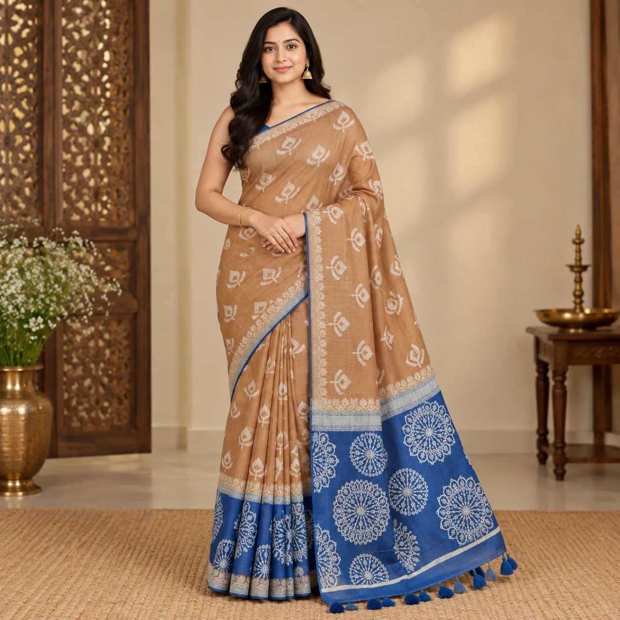 Caramel Brown and Royal Blue Floral Handloom Saree
