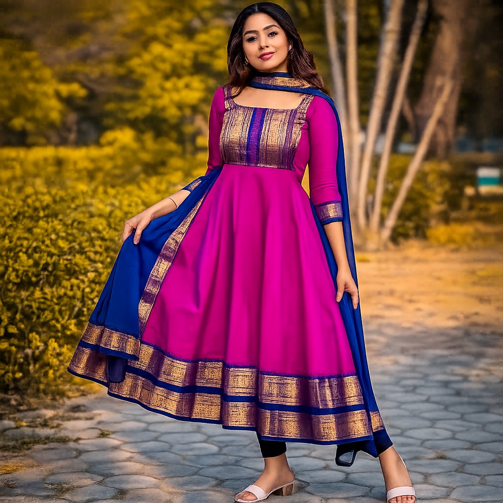 Elegant Pink Anarkali Dress with Blue Dupatta