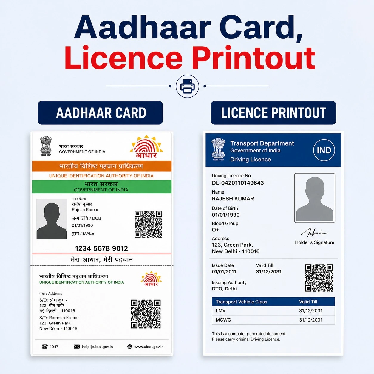Aadhaar Card, Licence Printout