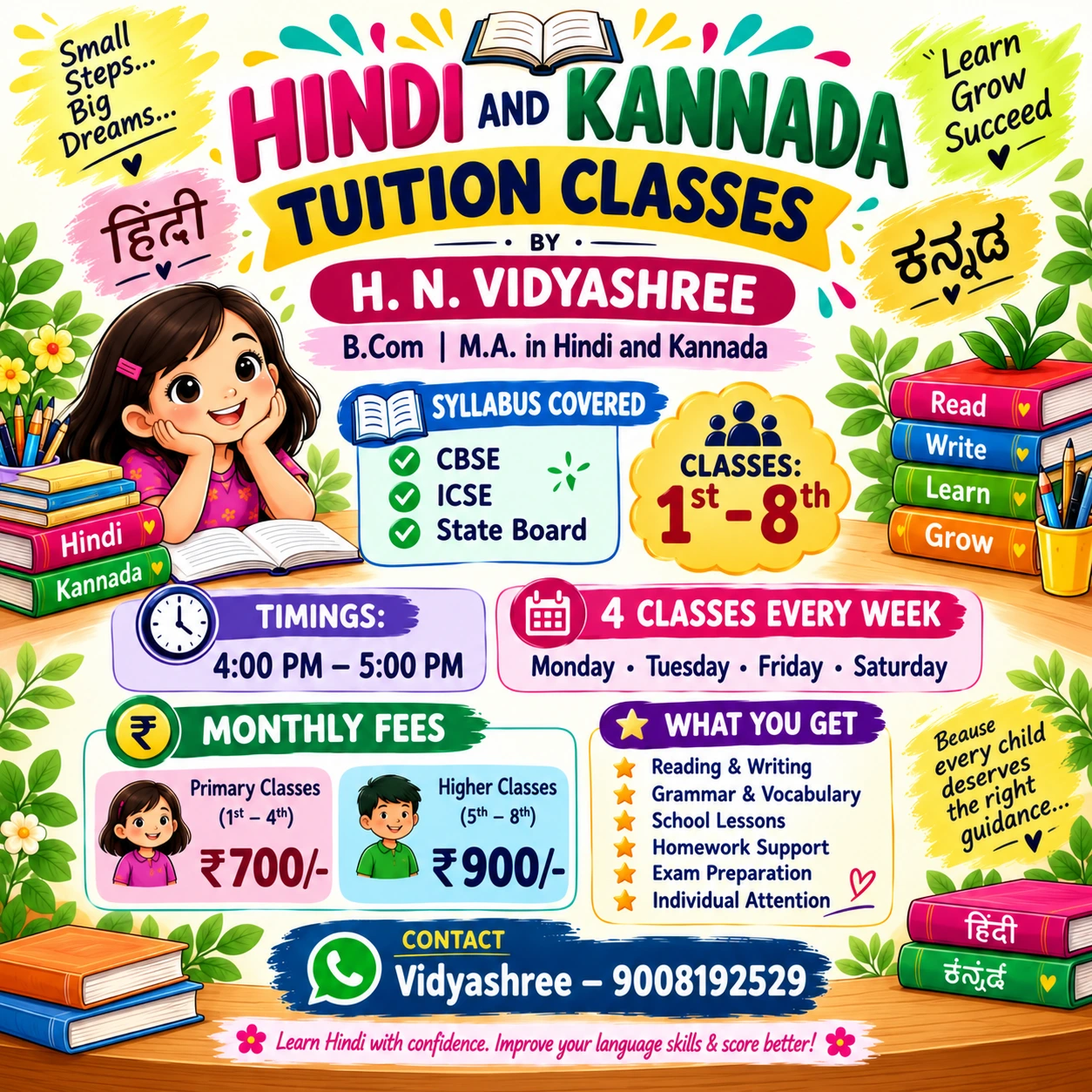 Hindi and Kannada Tuition Classes