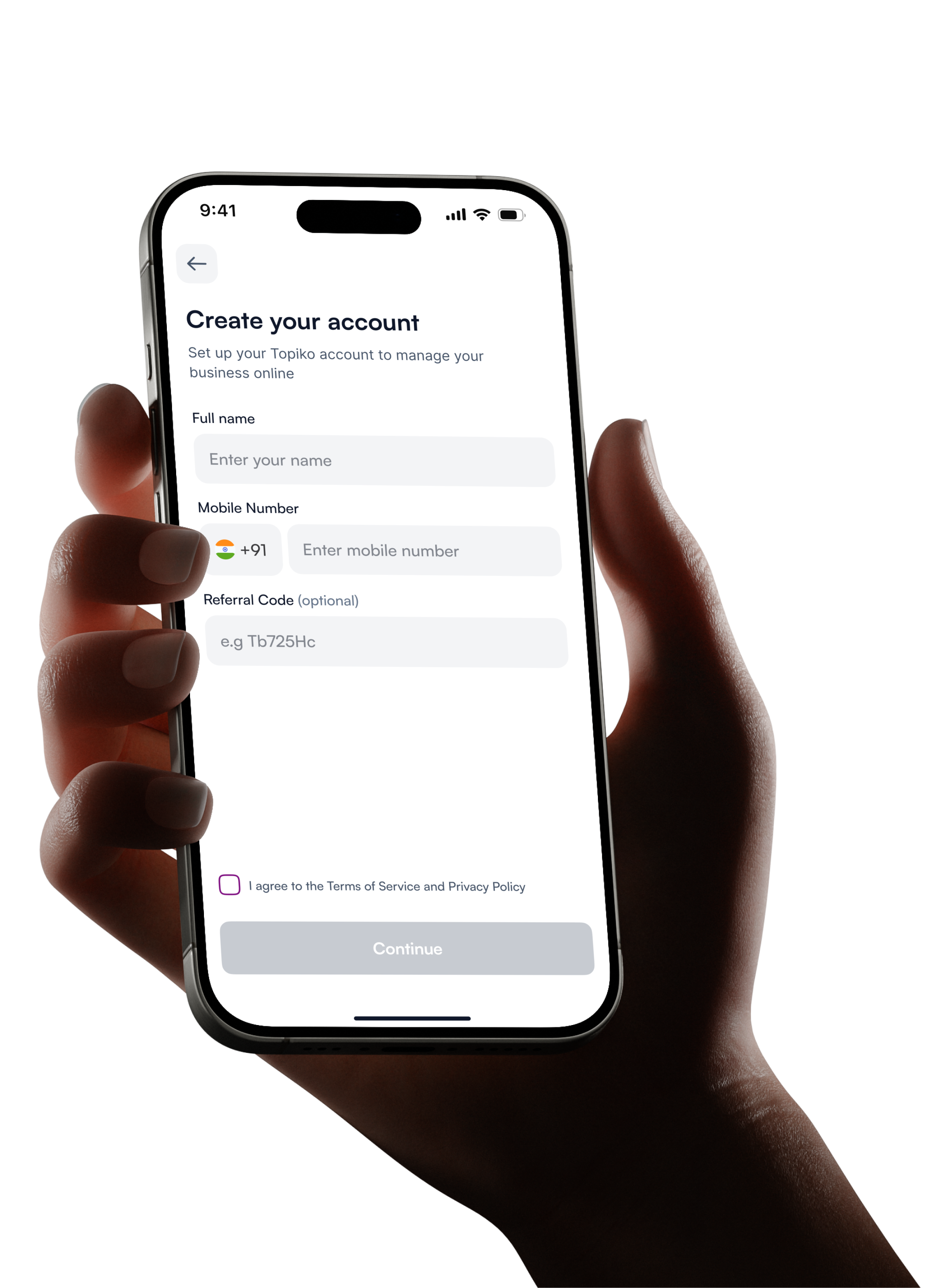 Topiko create account screen shown on a phone